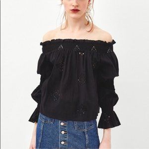 Zara black eyelet off the shoulder long sleeve top, S